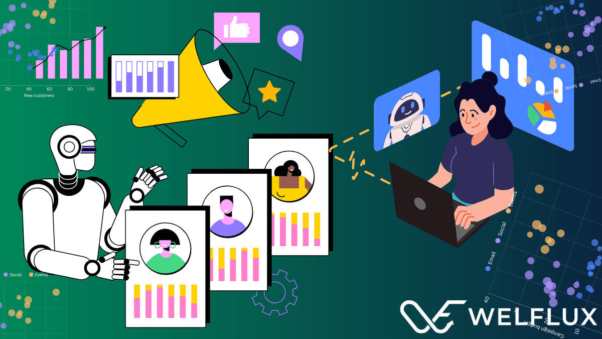 AI marketing illustration with charts, robots, and customer personas